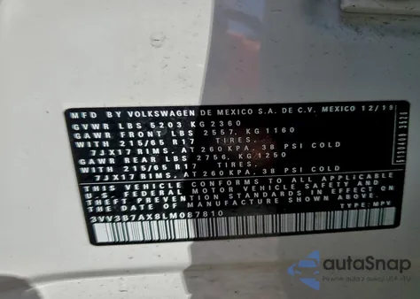 2020 Volkswagen Tiguan Se из США, поврежденный, VIN 3VV3B7AX8LM087810